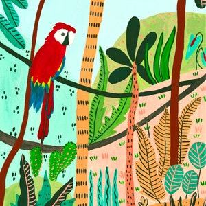 May include: A vibrant illustration of a tropical scene featuring a red macaw perched on a branch. The artwork showcases lush green foliage, tall trees with textured bark, and a light blue sky. The macaw has red, blue, yellow, and white feathers.