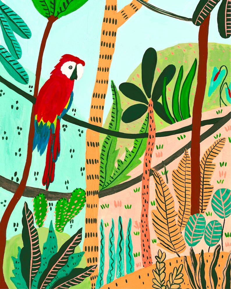 May include: A vibrant illustration of a tropical scene featuring a red macaw perched on a branch. The artwork showcases lush green foliage, tall trees with textured bark, and a light blue sky. The macaw has red, blue, yellow, and white feathers.