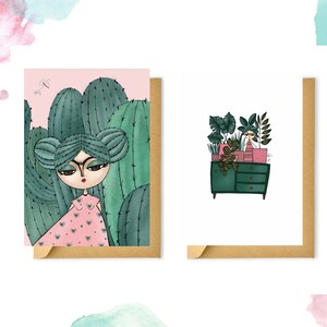 Conjunto de 2 Cactus Botanical, Housewarming Tarjetas de Saludo