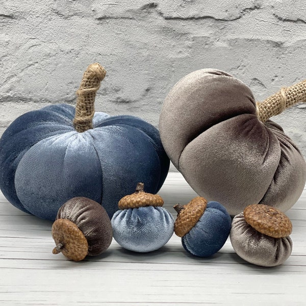 Velvet pumpkins set and velvet acorns Blue gray pumpkin decor