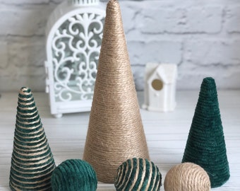 Set of Rustic Christmas tree Jute tree table decor Jute farmhouse decor Primitive Christmas tree ornament