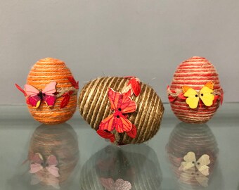 Set of 3 colorful Spring Easter jute eggs with butterfly decor