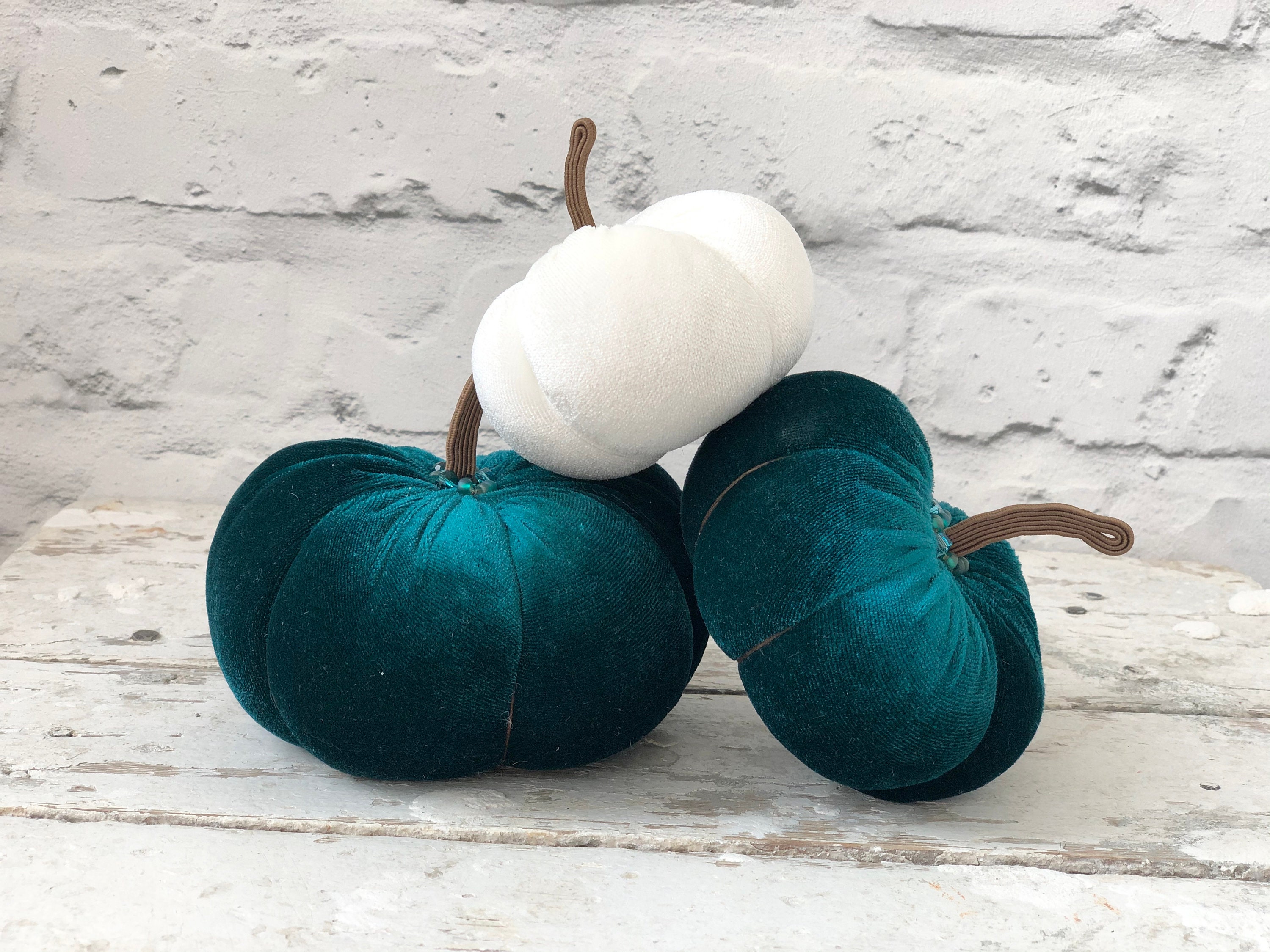 Velvet pumpkins set White and teal fall decor Emerald pumpkins Etsy