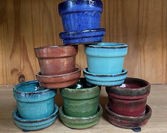 2 3/4" Glazed Ceramic pot/ Planter with attached saucer , Handmade 2.75 inch wide with drainage