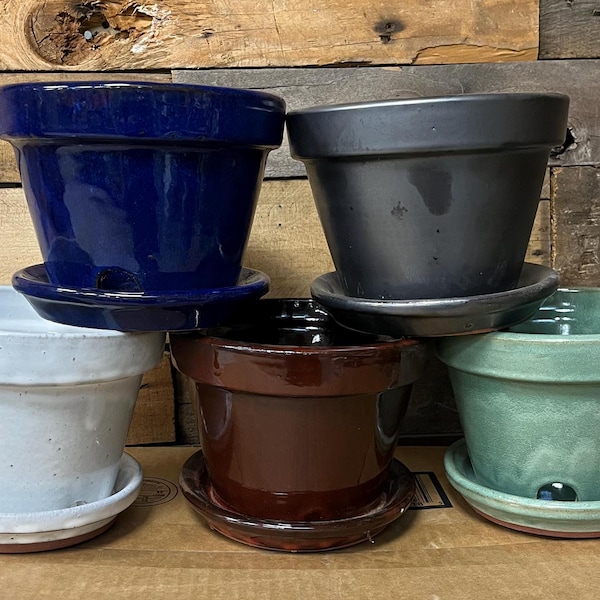 6 1/2" Glazed Ceramic Planter/Pot Handmade 6 1/2 inch With Drainage and Attached Saucer