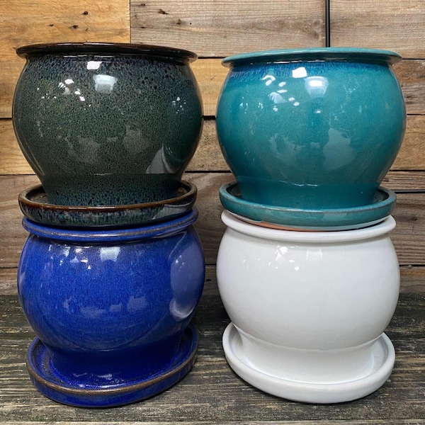 8" Glazed Ceramic Planter/Pot Handmade Minimalist Style 8 inch With Drainage and Attached Saucer