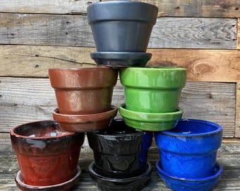 5" Glazed Ceramic Planter/Pot Handmade  5 inch With Drainage and Attached Saucer
