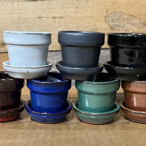 2 1/2" Glazed Ceramic pot/ Planter with attached saucer , Handmade 2.5 inch with drainage