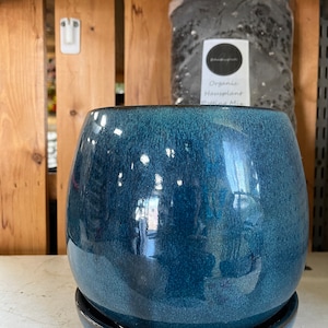 May include: A deep blue ceramic planter with a matching saucer. The planter has a smooth, glossy finish and a rounded shape.