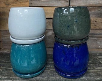 8&quot; Glazed Ceramic Planter/Pot Handmade Minimalist Style 8 inch With Drainage and Attached Saucer