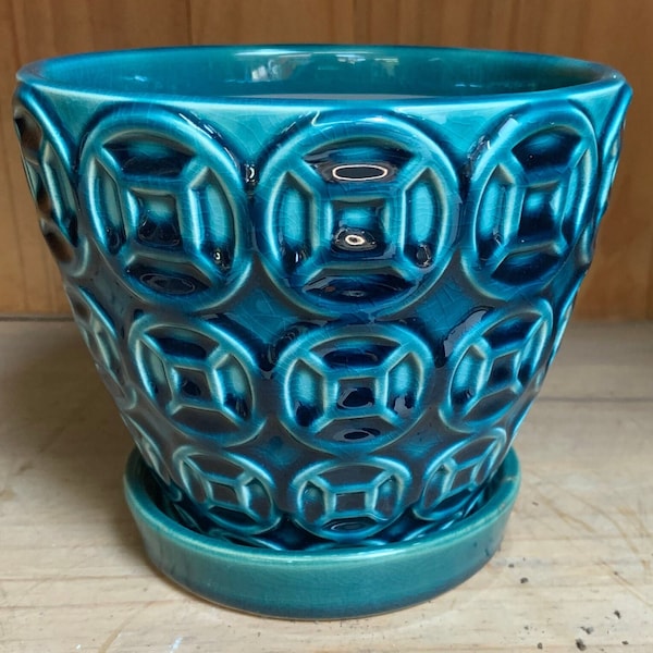 6" Glazed Ceramic Planter/Pot Blue Handmade Decorative Style 6 inch With Drainage and Attached Saucer