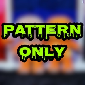 以下が含まれることがあります： 鮮やかなライムグリーンの文字で「PATTERN ONLY」と書かれたグラフィックデザイン。文字の下部には液体が滴るようなエフェクトが施され、黒い縁取りがされており、背景はオレンジと青のぼやけた画像になっています。