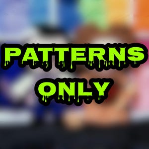 Peut inclure: Graphique avec les mots "PATTERNS ONLY" en vert vif, police dégoulinante, soulignés en noir. Le fond est un mélange flou de couleurs, dont le bleu, le rose et l'orange.