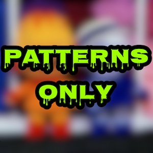 May include: The words "PATTERNS ONLY" in neon green with a black outline, dripping effect, against a blurred background of orange, blue, and pink. The text is bold and eye-catching.
