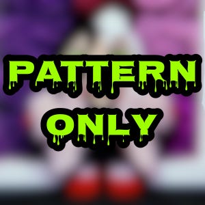 May include: A neon green text graphic on a blurred background. The text reads "PATTERN ONLY" in a dripping font style, outlined in black. The background is a mix of purple, pink, and red.