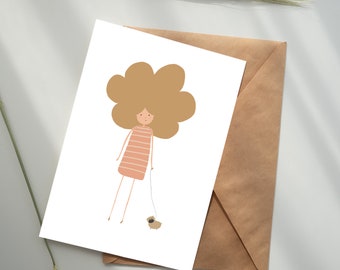 enkele kaart | meisje met hond roze jurk & blond haar | kaarten | illustratie | minimalistisch | duurzaam | meisje | krullen | hond