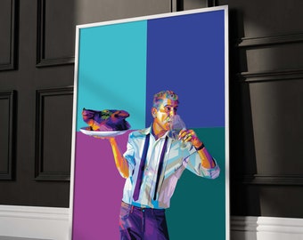 Anthony Bourdain bebendo vinho com cabeça de javali - Tela de arte pronta para pendurar - vibrante e colorida