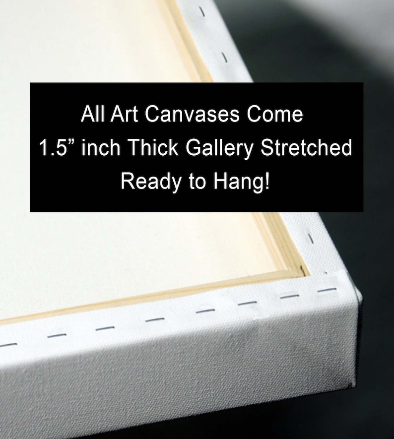 Pode incluir: Close-up de uma tela com galeria. A tela &eacute; esticada sobre uma moldura de madeira e grampeada nas laterais. O texto na imagem diz: "All Art Canvases Come 3,8 cm Thick Gallery Stretched Ready to Hang!"