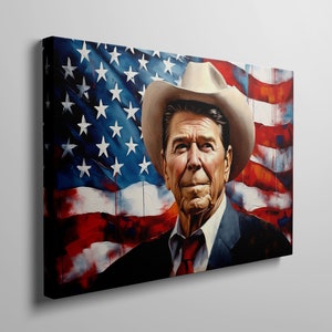 President Ronald Reagan - Ready to Hang Art Canvas - USA American Flag Painting with Cowboy Hat