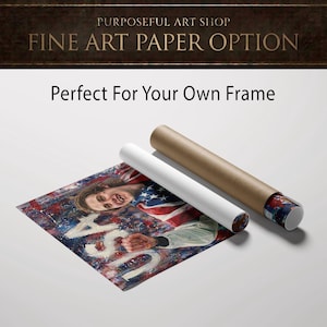 Pode incluir: Impress&atilde;o de arte com um retrato de uma pessoa com uma jaqueta com a bandeira americana. A impress&atilde;o &eacute; enrolada com dois tubos, um branco e outro marrom. O texto "Purposeful Art Shop" e "Fine Art Paper Option" est&aacute; no topo.