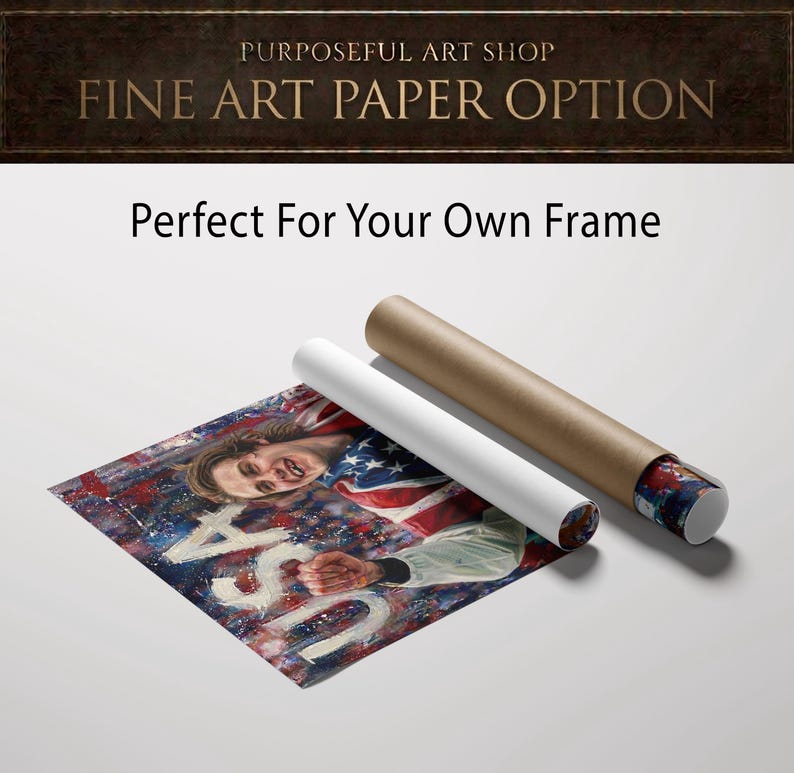 Pode incluir: Impress&atilde;o de arte com um retrato de uma pessoa com uma jaqueta com a bandeira americana. A impress&atilde;o &eacute; enrolada com dois tubos, um branco e outro marrom. O texto "Purposeful Art Shop" e "Fine Art Paper Option" est&aacute; no topo.