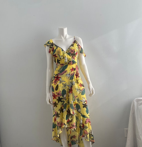 70s Inspired Guess LA Yellow Floral Dress Size M - image 1