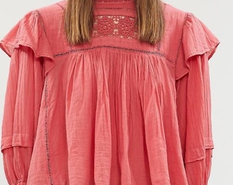 60s Laura Oversized Ruffle Top Free People Top Size S,M,L,XL   (K)