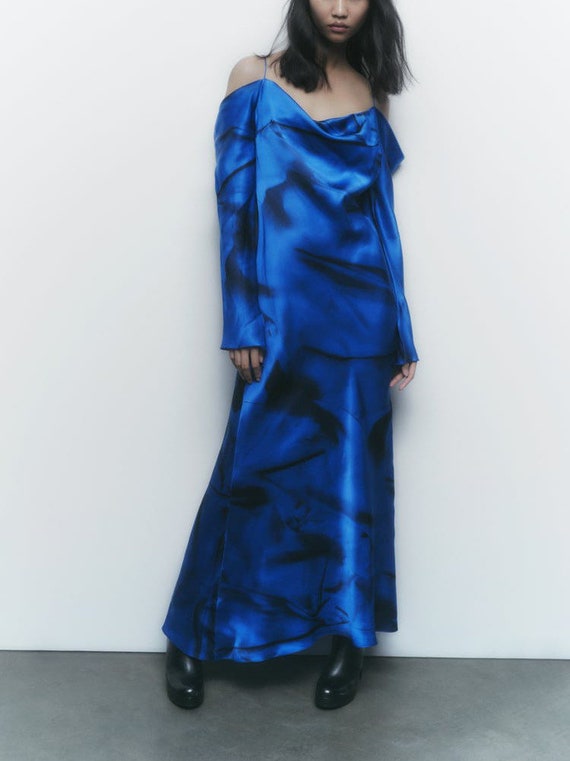 Zara Marble Blue Long Silk Dress Size L