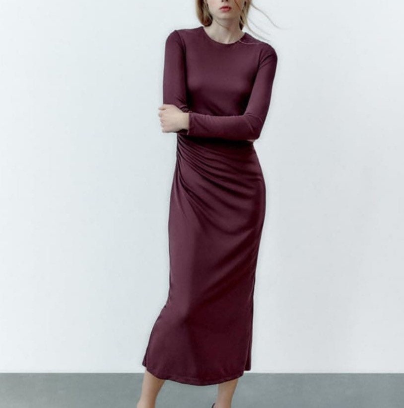 Zara Wine Gathered Midi Dress Size XS