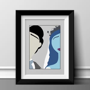 May include: Framed art print featuring a stylized illustration of a couple. The artwork depicts a man in a suit and a woman with blue skin, a veil, and a floral headpiece. The print is in a black frame.