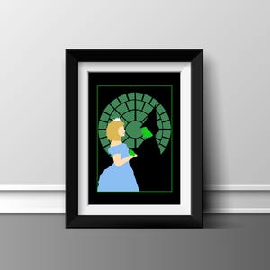 May include: A framed print of a black and white silhouette of a woman in a blue dress and a woman in a black dress with a green hat and face. The background is a green and black circular design.