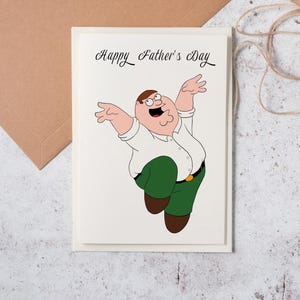 Happy Father's Day greeting card inspired by the animated TV show Family Guy with Peter Griffin jumping up in the air | The Griffin family