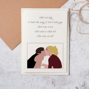 Tarjeta de felicitación romántica inspirada en la película de culto de 1999 10 cosas que odio de ti, protagonizada por Julia Stiles y Heath Ledger / nostalgia cinematográfica de los 90