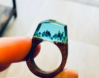 Resin and Wood Blue/ Teal Snow Mountain Scene Ring, Northern Lights, Fantasy World Jewellery