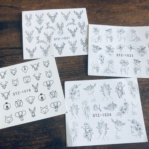 Pack of 4 Line Art Nail Decal Stickers Sheets that Contain: Geometric Animals, Drawings of the Female Figure, Flowers, Outline of Pets