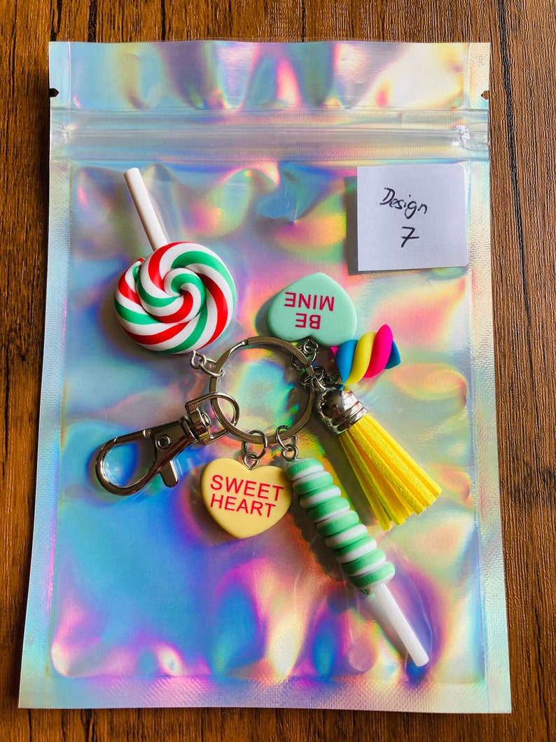 Cute Polymer Clay Sweet Keyring, Lolly, Marshmallow, Candy Hearts Keychain, Pastel Colours with 6 charms image 9