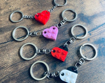 Building Block Heart 2 in 1 Keyring, Red, Pink, Red and Black, Black and White Best Friend/ Couple Love Lego Keychain