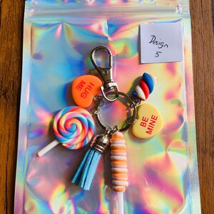 Cute Polymer Clay Sweet Keyring, Lolly, Marshmallow, Candy Hearts Keychain, Pastel Colours with 6 charms image 7