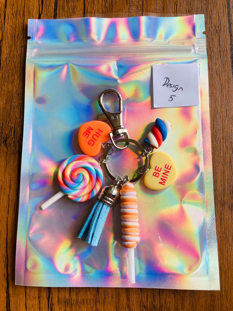 Cute Polymer Clay Sweet Keyring, Lolly, Marshmallow, Candy Hearts Keychain, Pastel Colours with 6 charms image 7