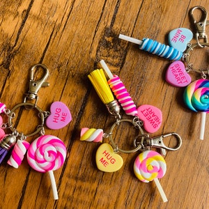 Cute Polymer Clay Sweet Keyring, Lolly, Marshmallow, Candy Hearts Keychain, Pastel Colours with 6 charms image 1