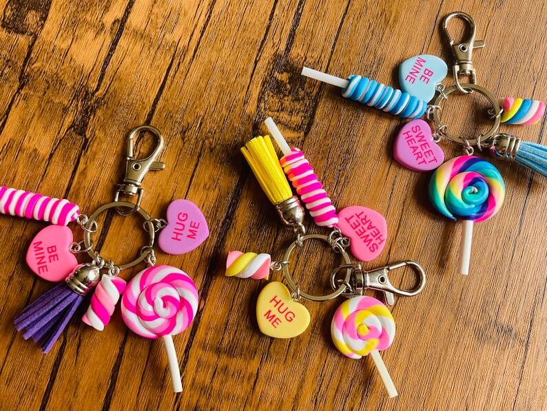 Cute Polymer Clay Sweet Keyring, Lolly, Marshmallow, Candy Hearts Keychain, Pastel Colours with 6 charms image 1