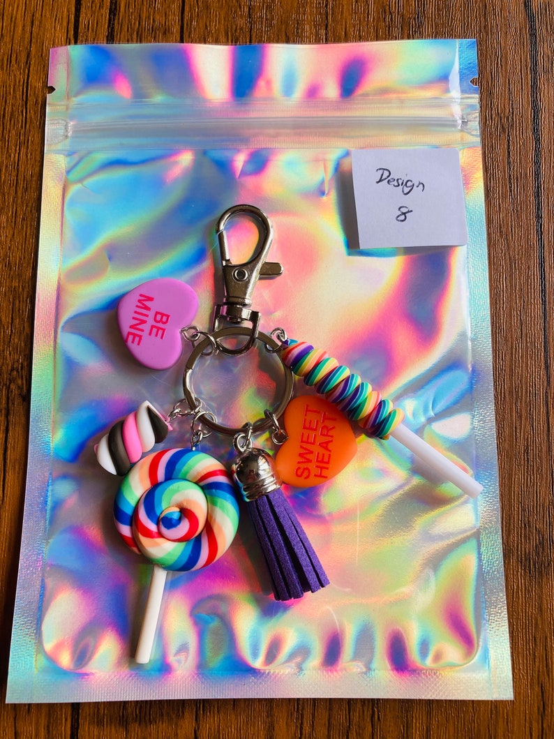 Cute Polymer Clay Sweet Keyring, Lolly, Marshmallow, Candy Hearts Keychain, Pastel Colours with 6 charms image 10