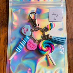 Cute Polymer Clay Sweet Keyring, Lolly, Marshmallow, Candy Hearts Keychain, Pastel Colours with 6 charms image 4