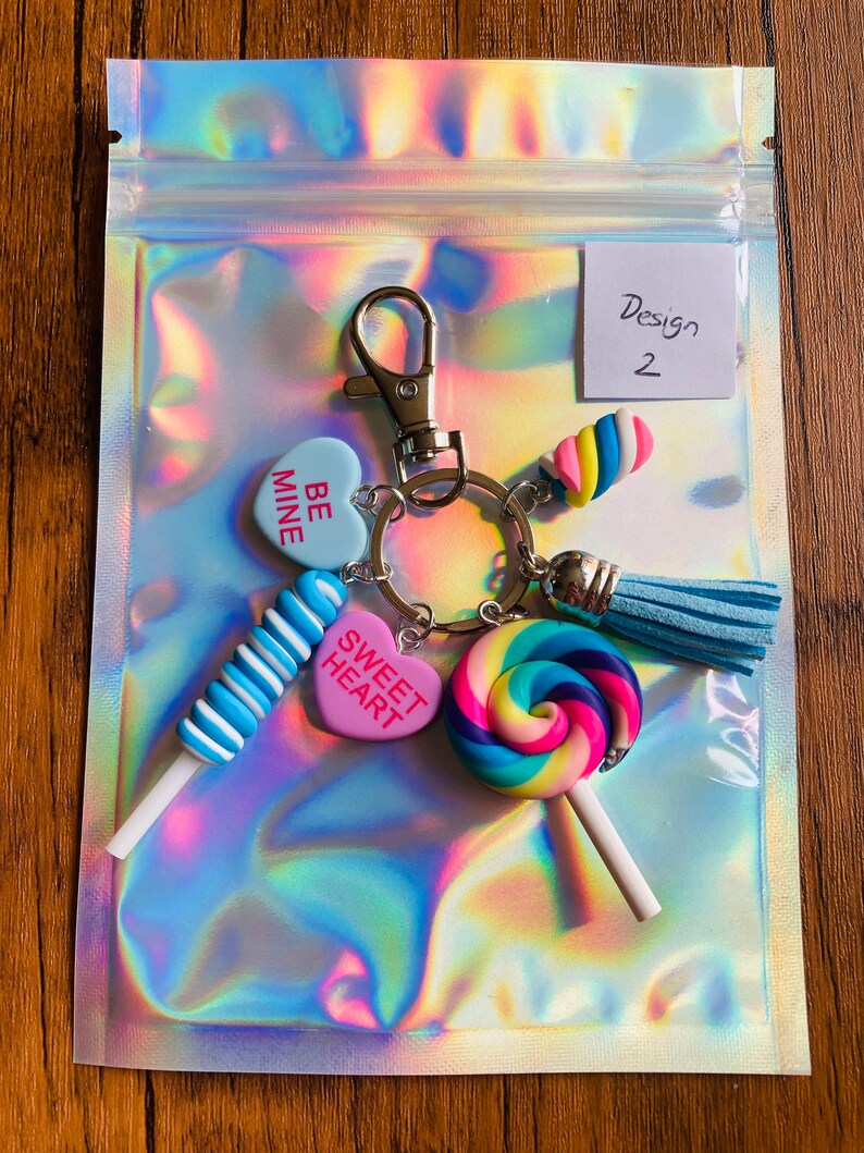 Cute Polymer Clay Sweet Keyring, Lolly, Marshmallow, Candy Hearts Keychain, Pastel Colours with 6 charms image 4