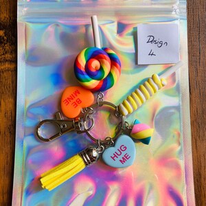 Cute Polymer Clay Sweet Keyring, Lolly, Marshmallow, Candy Hearts Keychain, Pastel Colours with 6 charms image 6