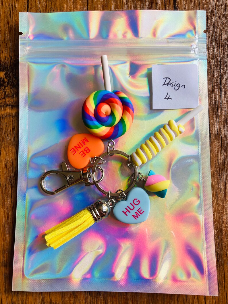 Cute Polymer Clay Sweet Keyring, Lolly, Marshmallow, Candy Hearts Keychain, Pastel Colours with 6 charms image 6