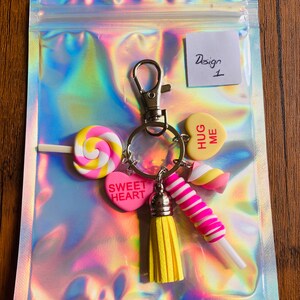 Cute Polymer Clay Sweet Keyring, Lolly, Marshmallow, Candy Hearts Keychain, Pastel Colours with 6 charms image 3