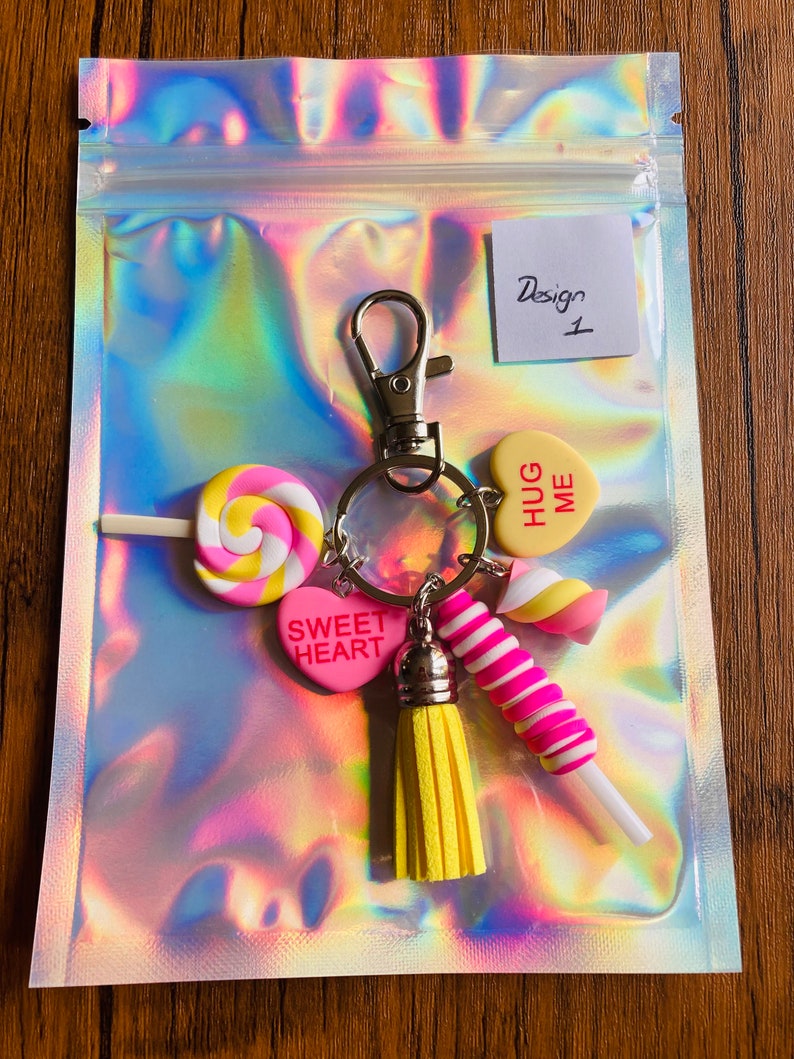 Cute Polymer Clay Sweet Keyring, Lolly, Marshmallow, Candy Hearts Keychain, Pastel Colours with 6 charms image 3