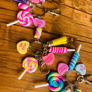 Cute Polymer Clay Sweet Keyring, Lolly, Marshmallow, Candy Hearts Keychain, Pastel Colours with 6 charms image 2