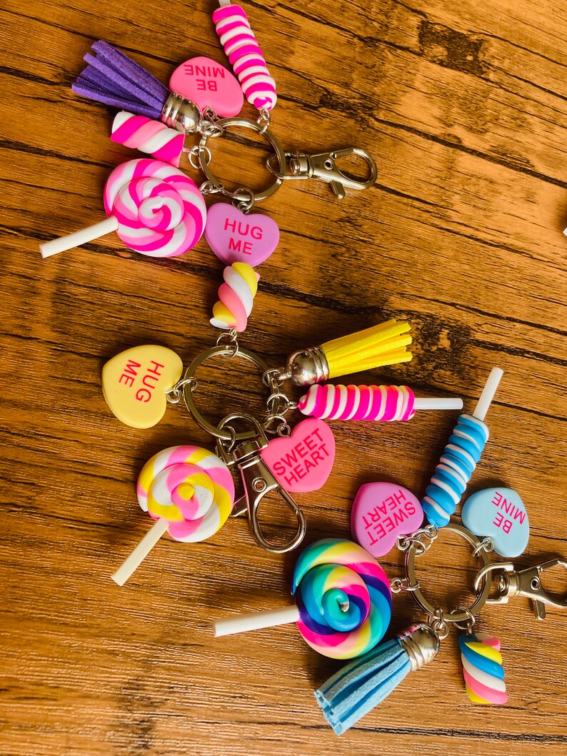 Cute Polymer Clay Sweet Keyring, Lolly, Marshmallow, Candy Hearts Keychain, Pastel Colours with 6 charms image 2